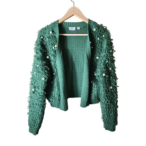 MIGHTY FINE Green Loop Details Faux Pearl Unique Open Front Crop Cardigan SZ L - Picture 1 of 8